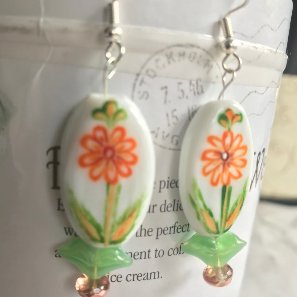 Handmade/painted porcelain & Czech glass earrings